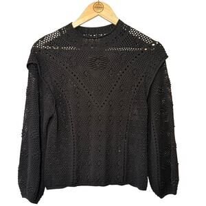 FRAME Crochet Open-Knit Sweater Puff Sleeve Mockneck Viscose Black Women’s Small